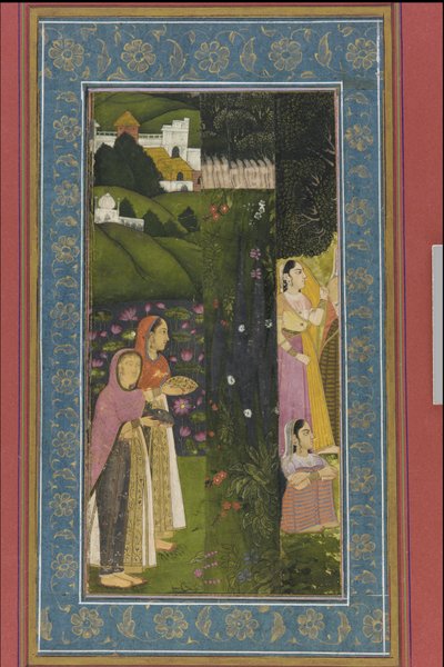 Damas en un jardín, folio de álbum con pintura, finales del siglo XVIII de Mughal School